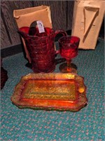Ruby to amber glass pitcher, last supper bread