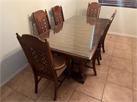 Large Wood Glass Top Dining Table, 6 Chairs