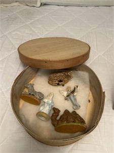 Nativity scene and wood cheese box