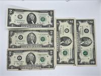 5pcs U.S. $2 Bills