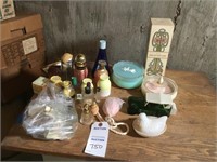 Box of old perfume bottles (some Avon); hen on