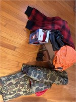Hunting pants, Camo suit, orange jacket binoculars