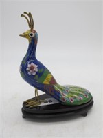 CLOISONNE PEACOCK ON WOODEN STAND ALL CLEAN