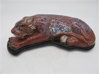 LARGE CLOISONNE TIGER ON WOODEN STAND