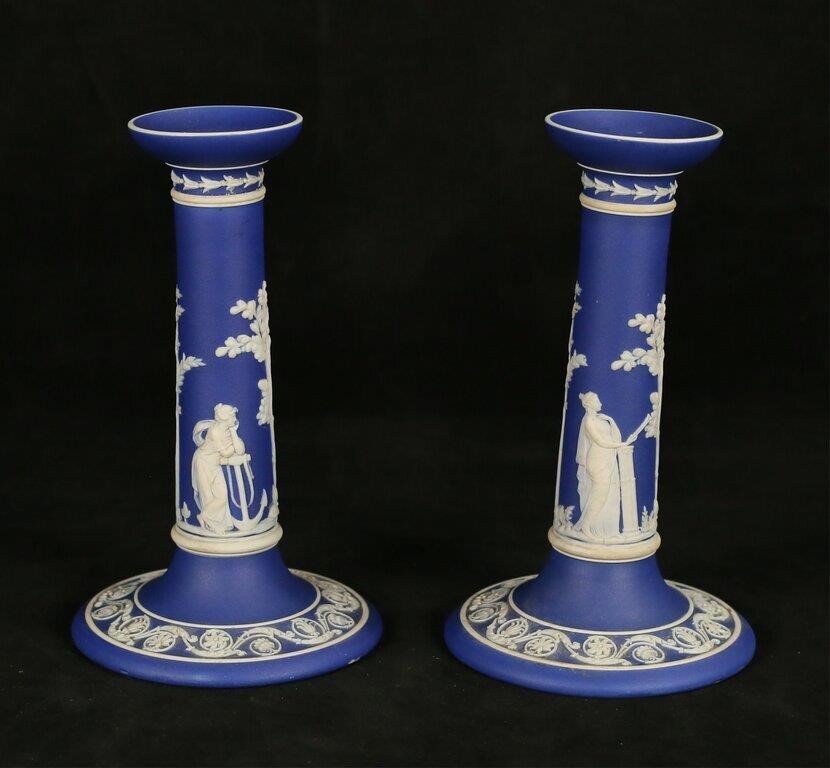 Pair of Wedgwood Dark Blue Jasper Dip Candlesticks