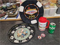 Stuffed Poker Chip, VTG Tray, Thermos, & Chips