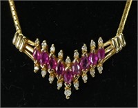 14K Yellow gold marquise cut ruby and round cut