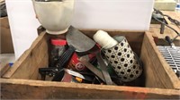 Wood box full of hardware & hand tools
