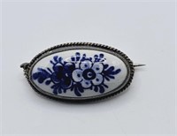 Delft Brooch Silver Tone Ceramic Flower Brooch