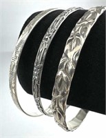 (3) 925 Silver Engraved Bangle Bracelets