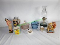 oil lamp, vintage candy dishes, Jim Shore