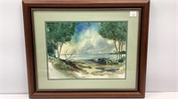 Water color of bay scene from dunes and boat,