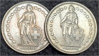 (2) 1968 Switzerland 2 Fr. Coins XF