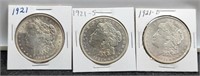 (3) 1921 Morgan Silver Dollar AU+: P,D,S