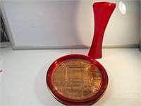 Red Glass Serving Plate and Glass Vase