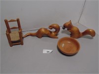 Handcrafted bowl, chair, otter and squirrel