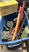 Tote w/Pipe Wrenches, Axe, Sanders, Other Misc.