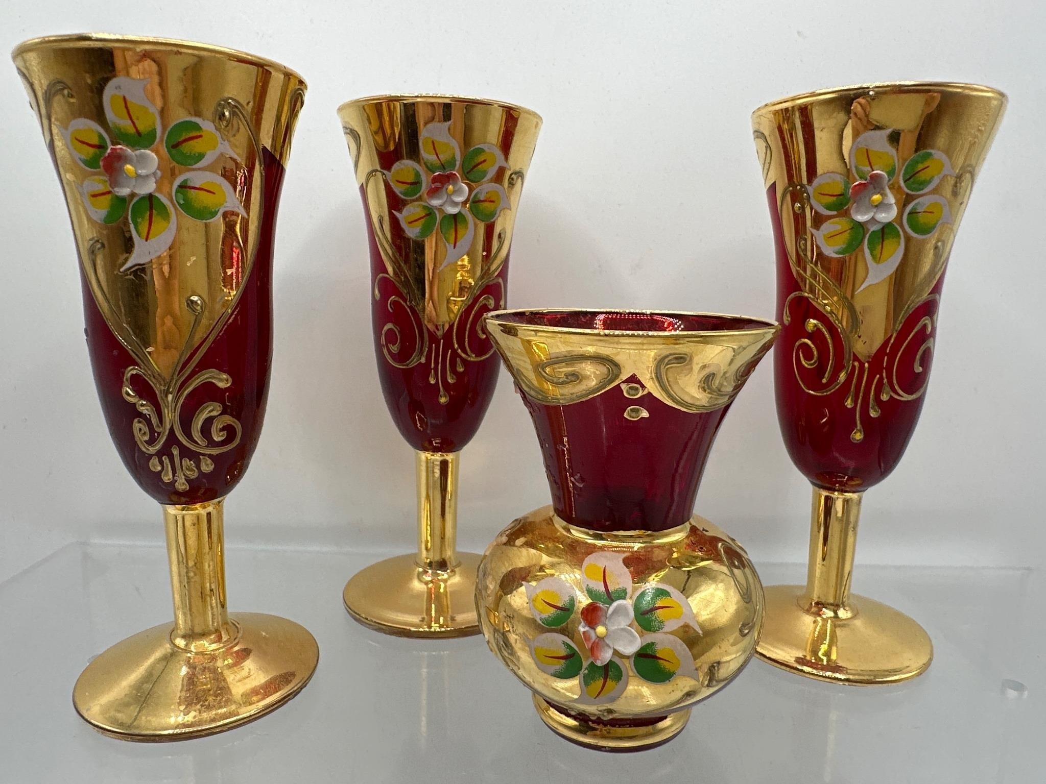 Ruby read Bohemian glass enameled cordials vase