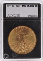 1911-S $20 St. Gaudens Gold ACCGS MS65/65