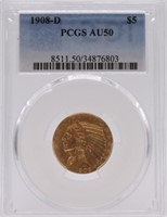 1908-D $5 Gold Indian PCGS AU50