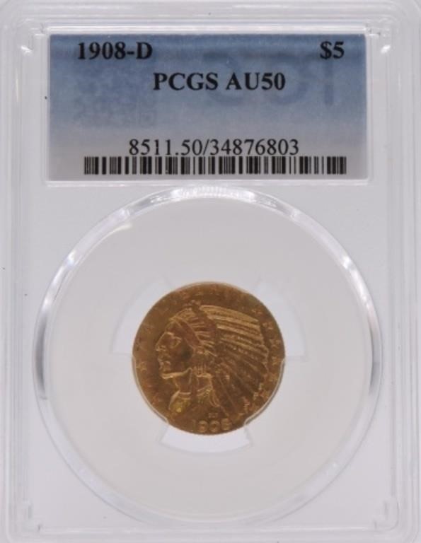 1908-D $5 Gold Indian PCGS AU50