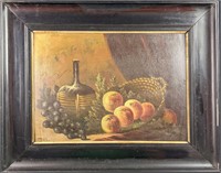 Vintage Original Oil On Panel Fruit & Wine Jug