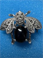 925 Sterling Black Onyx Bee Pin with Marcasite