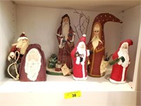GROUP OF WOODEN PAINTED SANTAS, PAPER MACHE, MISC
