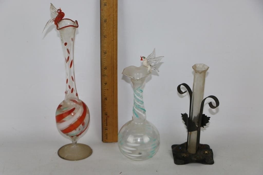 2 Blown Glass Vases & Rain Meter Gauge