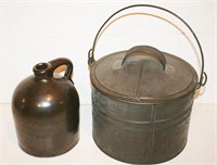 Small Brown Stoneware Jug 8", Lidded Tin
