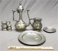 Pewter Grouping: Teapot, Tankard, Plates