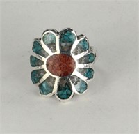 NAVAJO TURQUOISE & CORAL SILVER RING SIZE 8