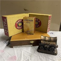 Stetson Cologne, Wagon Money Bank, & Cigar Boxes