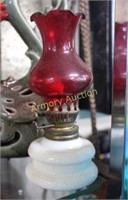 MINI MILK GLASS W/ RUBY SHADE OIL LAMP