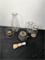 Group of vintage bottles and small kettle, Etc