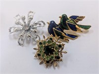 Three Vintage Blue/Green Bird Pins