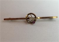 9 CT. GOLD, SEED PEARL AMETHYST BAR PIN VICTORIAN
