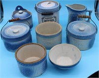 8 PCS. BLUE & WHITE SALT GLAZE POTTERY, 2 COVERED