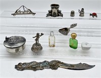 10+ Items- Silverplate Spoon, Thimbles, Box, other