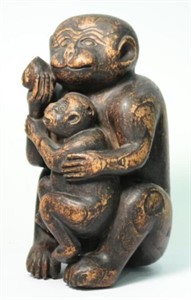 Carved Wood Sculpture of a Monkey, Infant & Peach