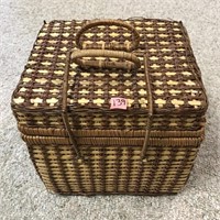 Vintage 12" Picknic Basket W/ Plastic Picnic Ware