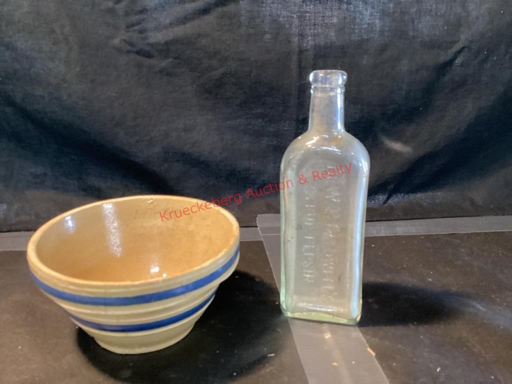 Yellowware Bowl & Caldwell's Syrup Bottle