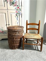 Antique Pine Rush Bottom Childs Chair & Basket