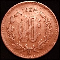 1920 MEXICO 10 CENTAVOS - Rare Bronze 10 Centavos
