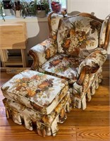 Wood and linen chair with ottoman - floral design