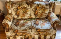 Wood and linen fabric loveseat - decorated in