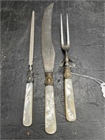 3 PC MOTHER OF PEARL AND STERLING BAND CARVING SET