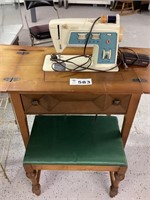 SINGER SEWING CABINET MACHINE AND BENCH