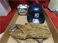 Vintage baseball glove, Yankees helmet, softball.