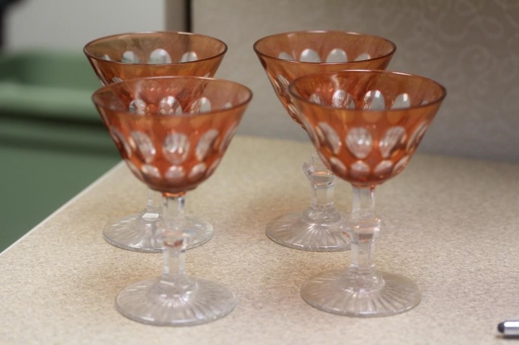 Set of 4 Orange Cut Glass Small Goblets